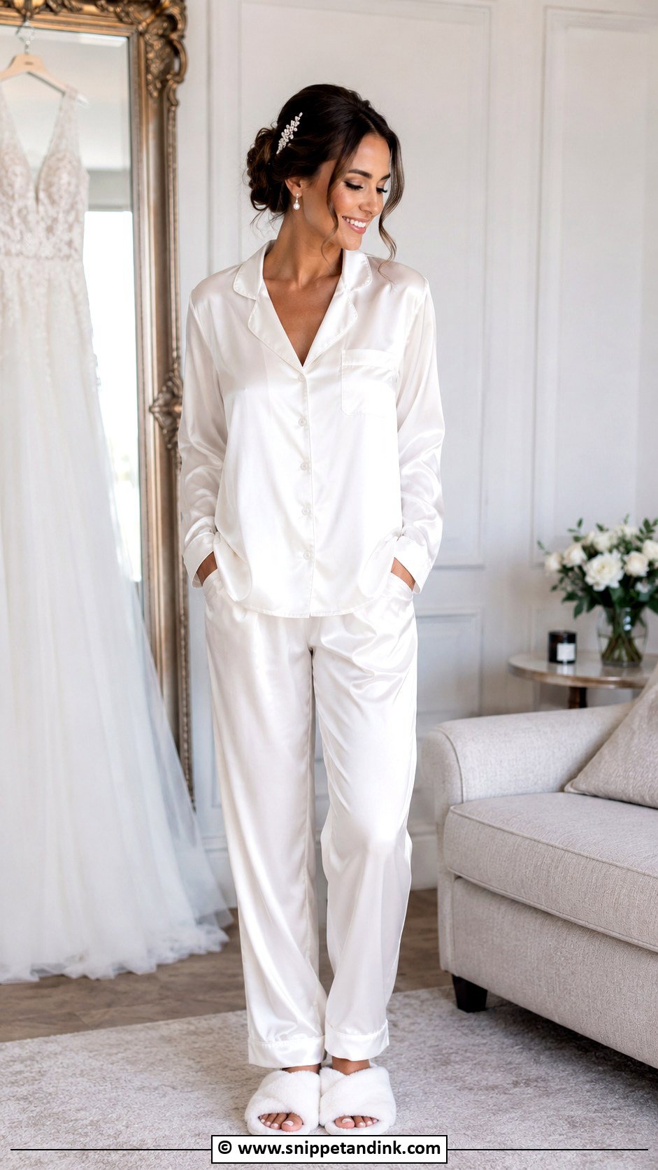 White Satin Pajama Set - Snippet and Ink - 30 Getting Ready Wedding Outfit Ideas