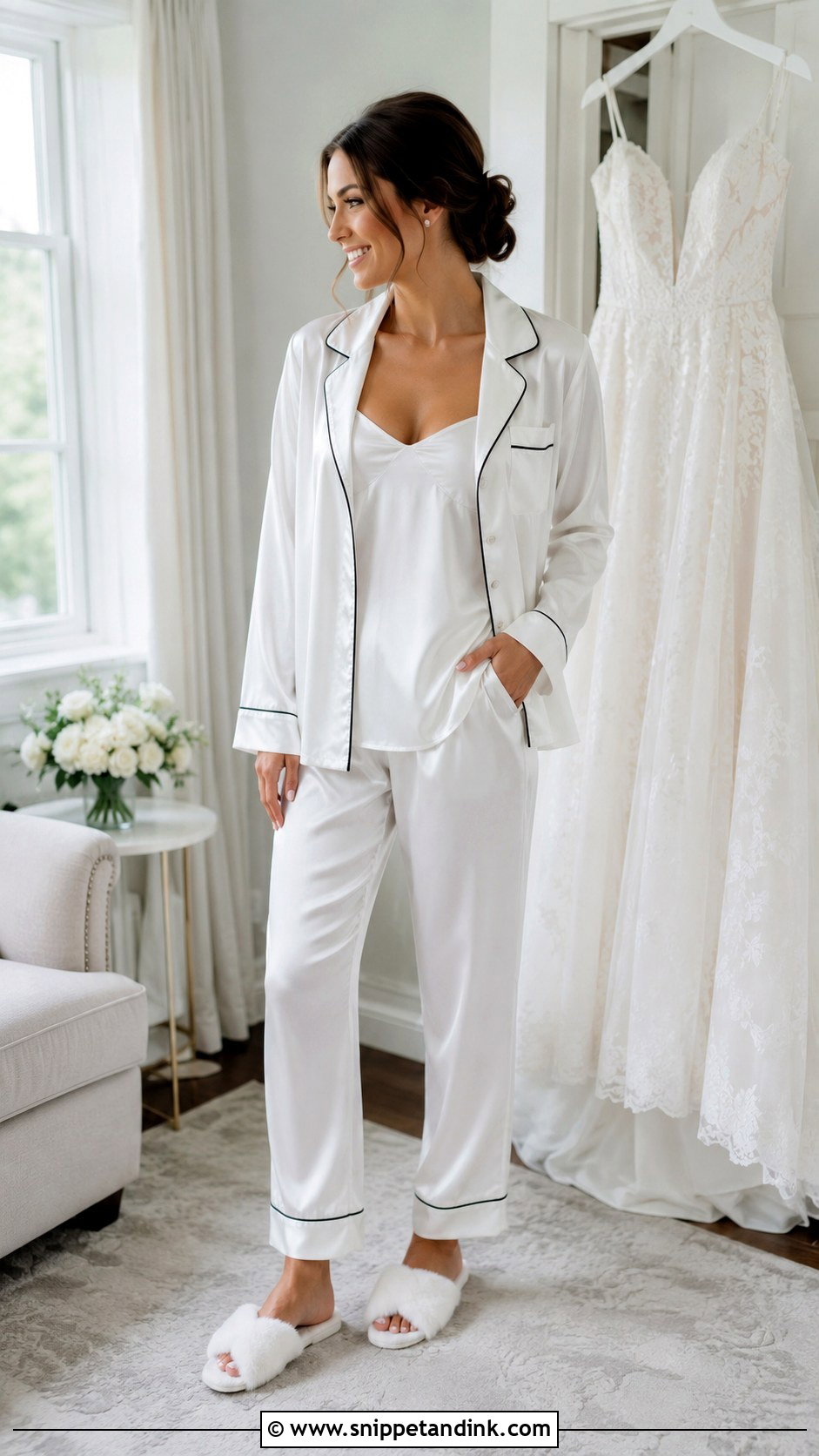 White Satin Pajama Wedding Morning Outfit - Snippet and Ink - 20 Morning of Wedding Outfit Ideas