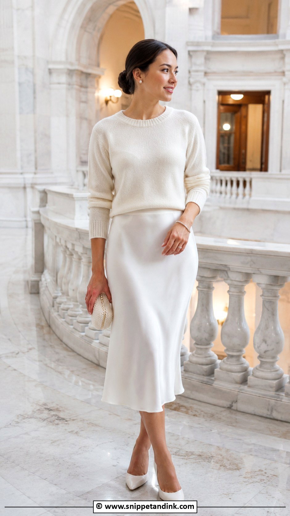 White Satin Skirt And Sweater Civil Wedding Outfit - Snippet and Ink - 30 Civil Wedding Outfit Ideas