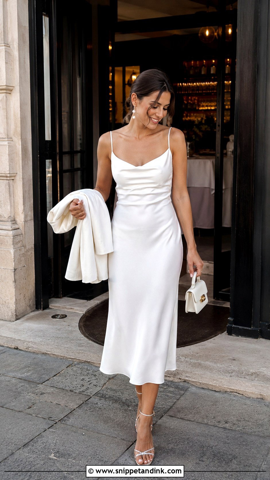 White Satin Slip Dress Bachelorette Outfit - Snippet and Ink - 20 Bachelorette Outfit for Bride Night Ideas