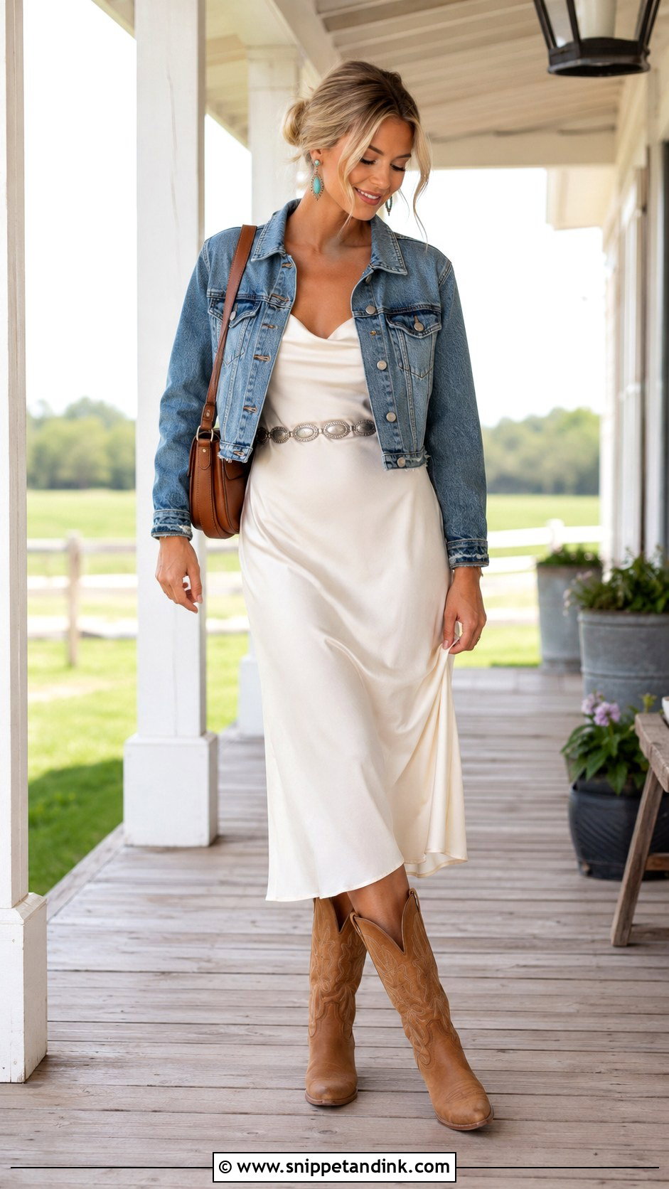 White Satin Slip Dress With Western Boots - Snippet and Ink - 20 Bride Cowgirl Outfit Ideas