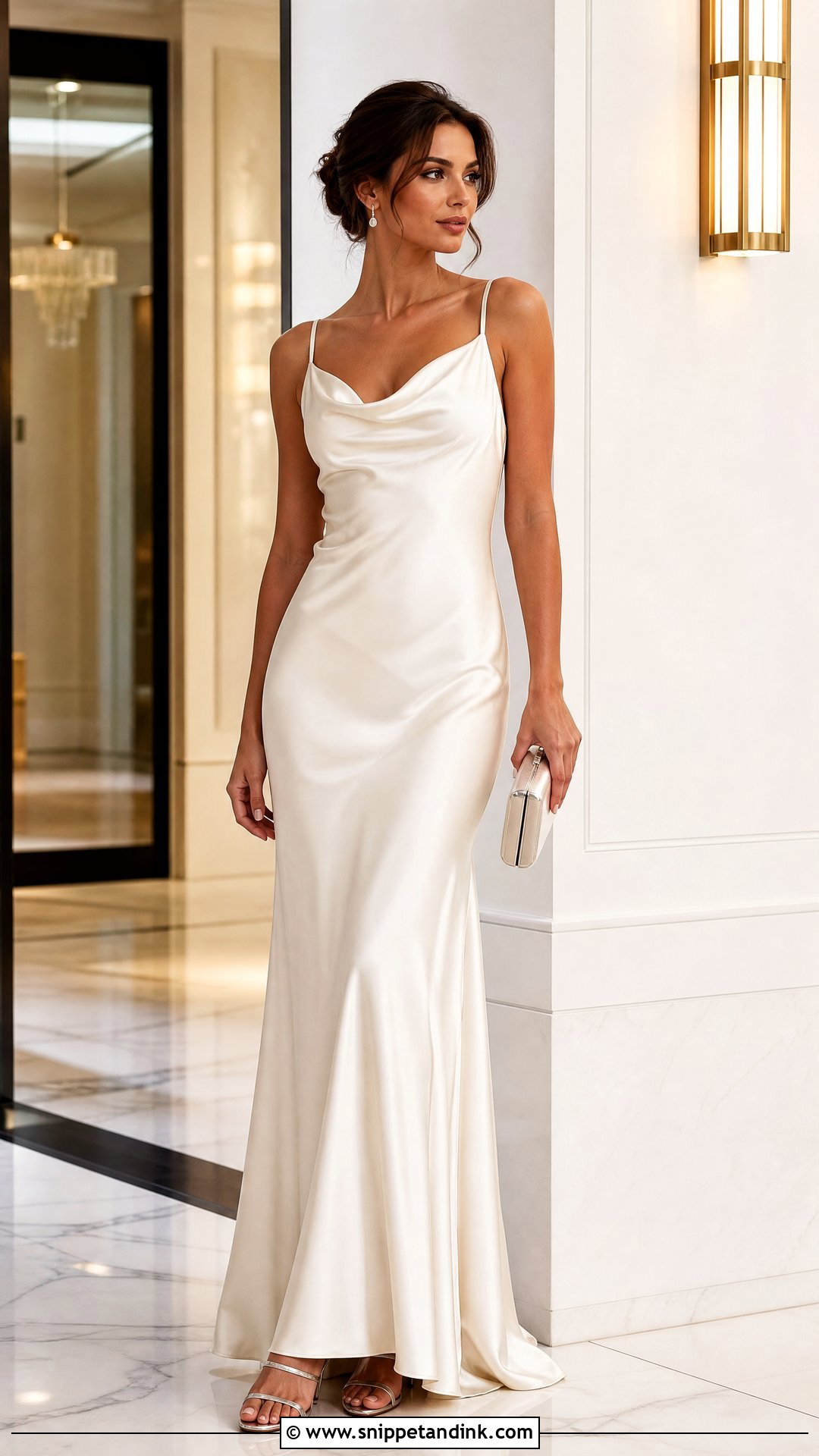 White Satin Slip Gown With Metallic Heels - Snippet and Ink - 25 Simple White Gown Ideas