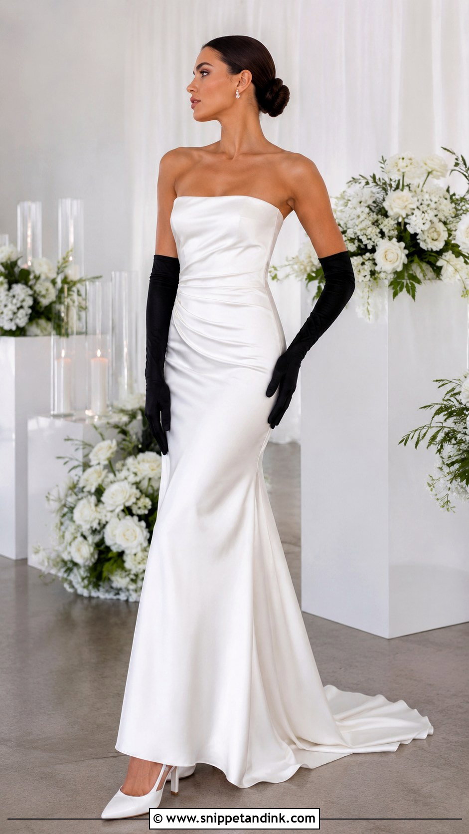 White Satin Wedding Dress With Black Gloves - Snippet and Ink - 25 Black White Wedding Dress Ideas