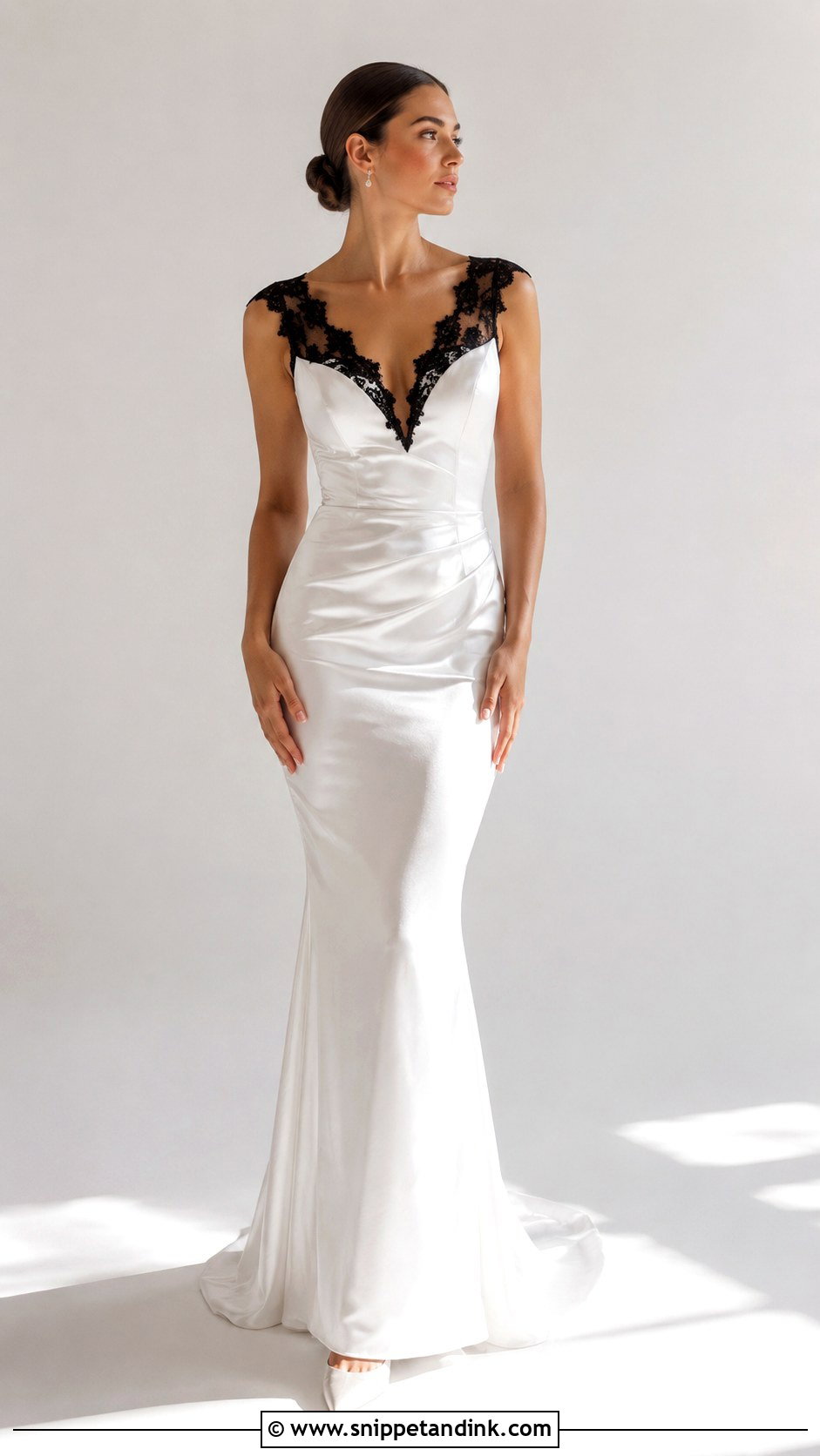 White Satin Wedding Dress With Black Lace Neckline - Snippet and Ink - 25 White Wedding Dress with Black Lace Ideas
