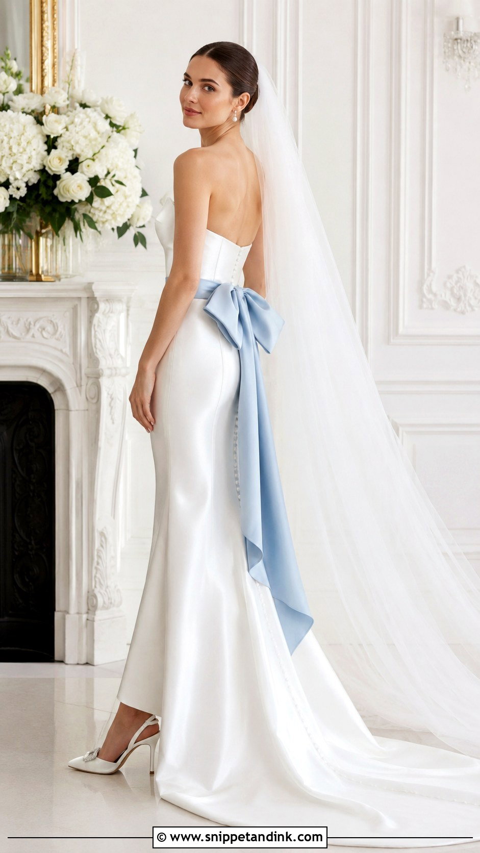 White Satin Wedding Dress With Blue Bow - Snippet and Ink - 25 Blue and White Wedding Dress Ideas