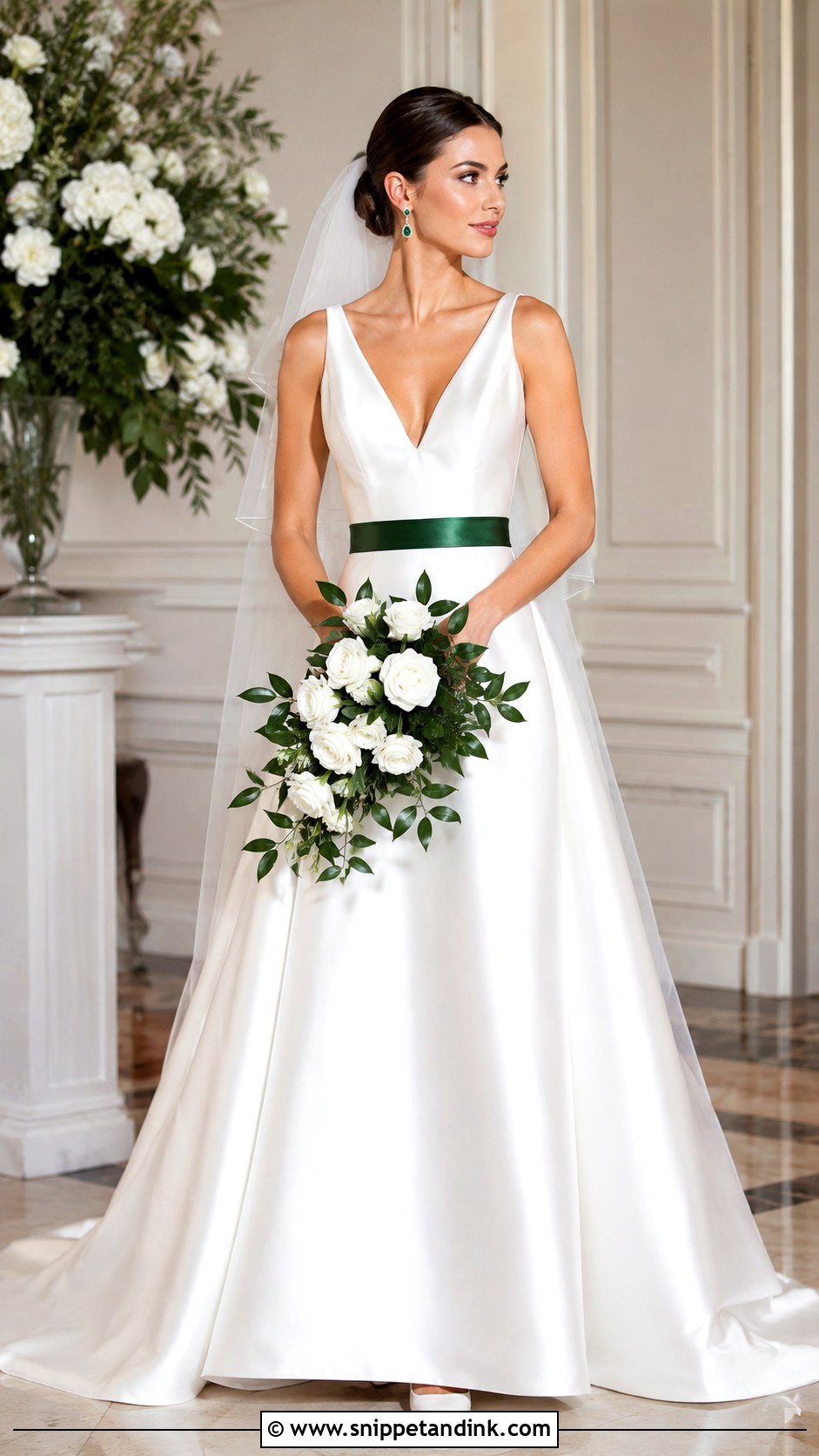 White Satin Wedding Dress With Emerald Green Sash - Snippet and Ink - 20 White and Green Wedding Dress Ideas
