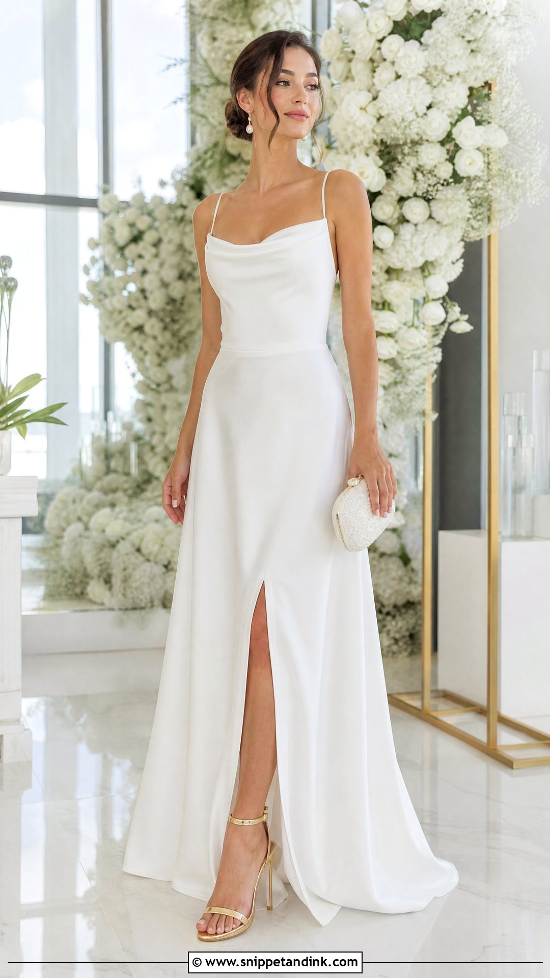 White Satin Wedding Dress With Golden Heels - Snippet and Ink - 25 Golden Heels Wedding Ideas