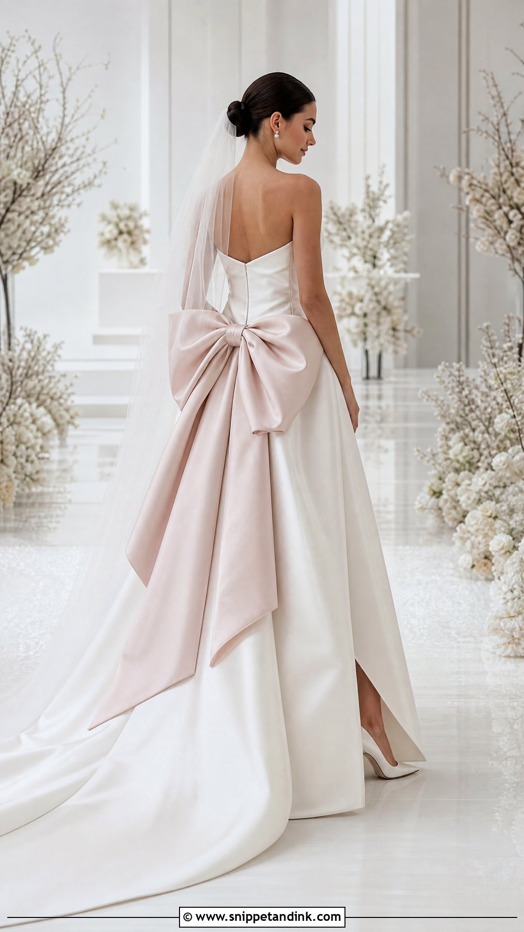 White Satin Wedding Dress With Pink Bow - Snippet and Ink - 25 Pink and White Wedding Dress Ideas