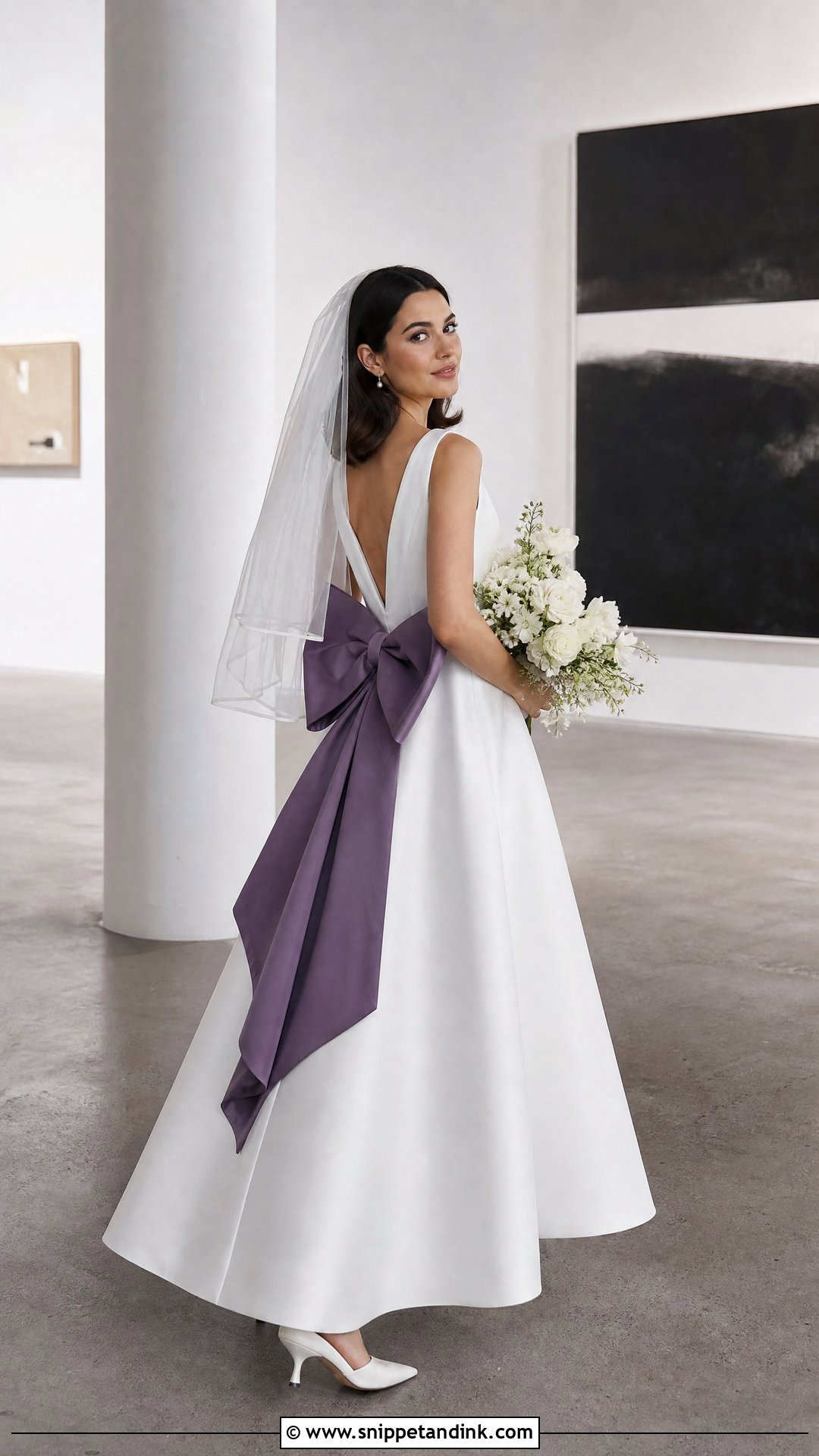 White Satin Wedding Dress With Purple Bow - Snippet and Ink - 25 Purple and White Wedding Dress Ideas