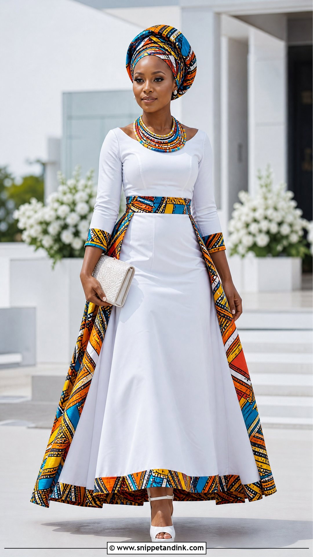 White Sepedi Wedding Dress With Colorful Trim - Snippet and Ink - 25 Sepedi Traditional Wedding Dresses