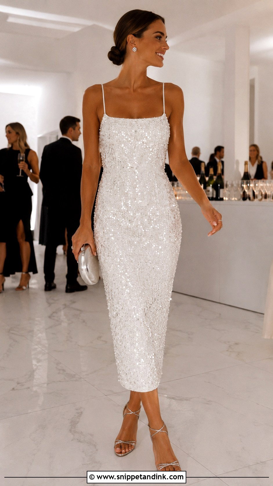 White Sequin Bridal Party Dress With Silver Sandals - Snippet and Ink - 20 Bridal Party Dress for Bride Ideas