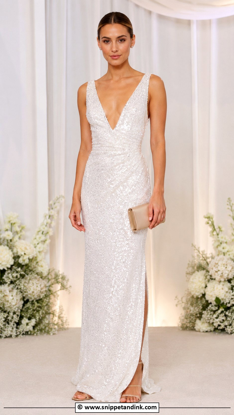 White Sequin Gown With Nude Heels - Snippet and Ink - 30 Elegant Classy White Gowns