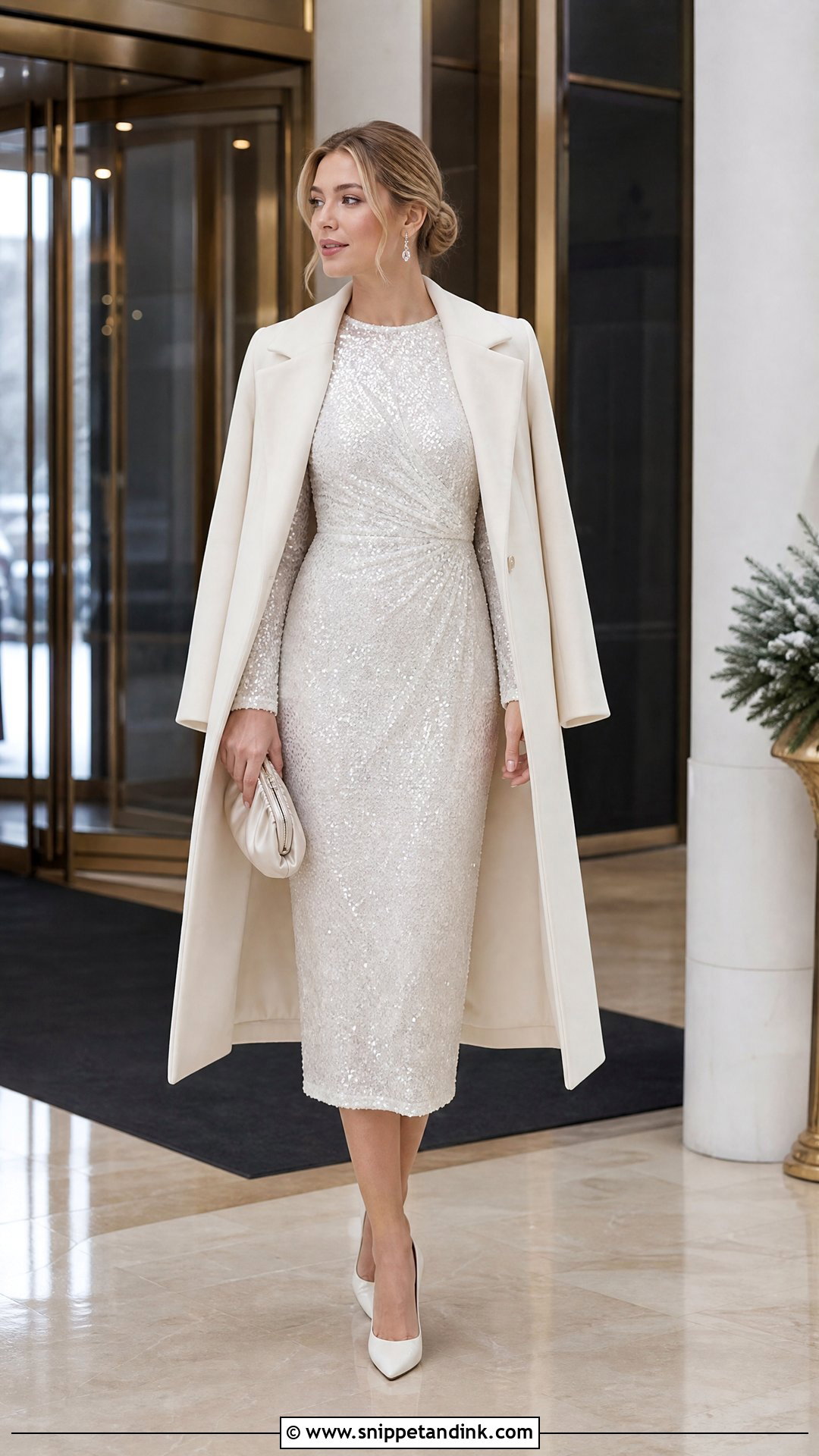 White Sequin Midi Dress for Winter Rehearsal Dinner - Snippet and Ink - 20 Winter Rehearsal Dinner Outfit for Bride Ideas