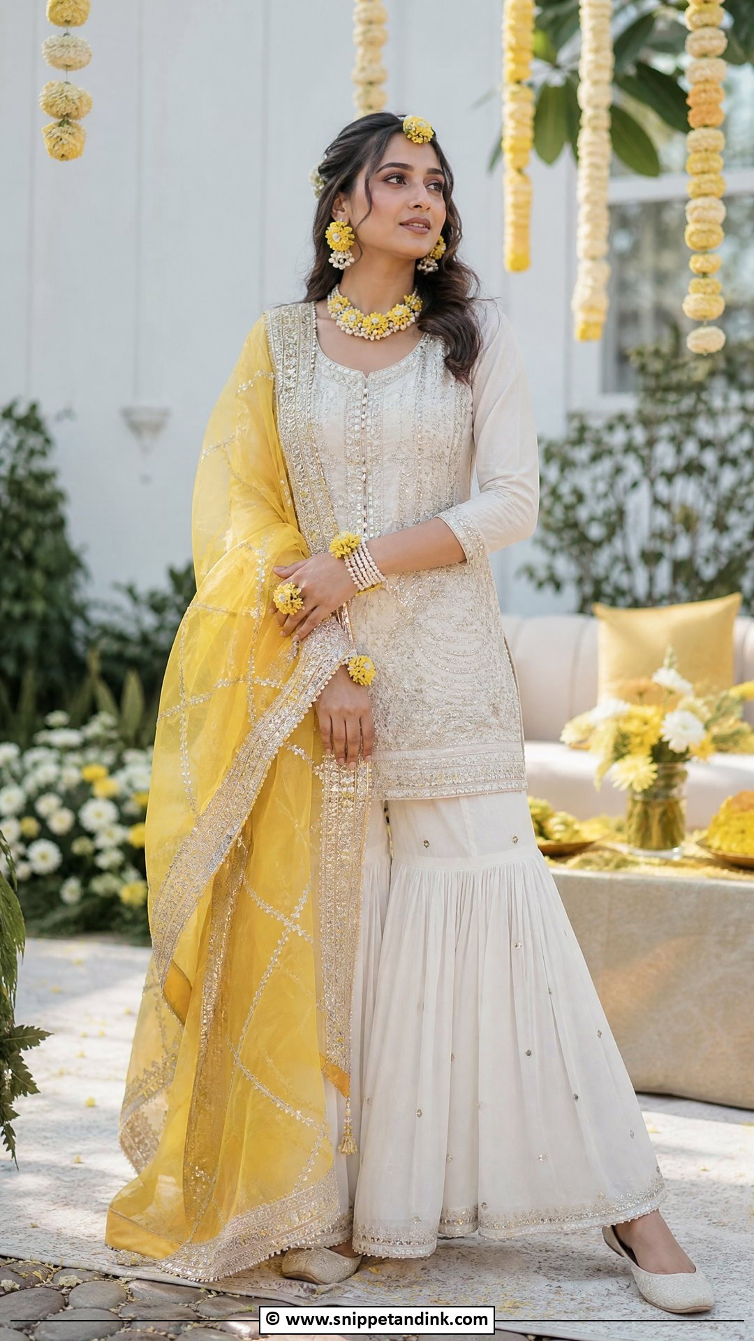 White Sharara With Yellow Dupatta For Haldi Bride - Snippet and Ink - 35 Haldi Outfit for Bride Ideas