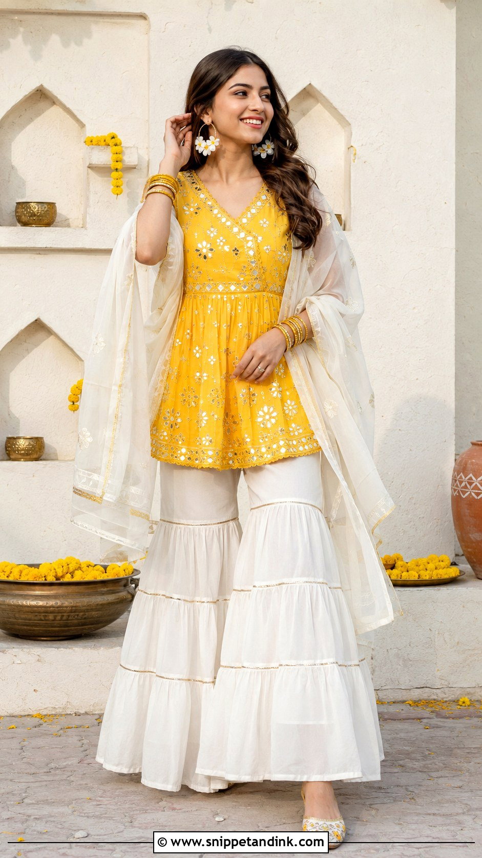 White Sharara With Yellow Short Kurti - Snippet and Ink - 20 White and Yellow Haldi Outfit Ideas
