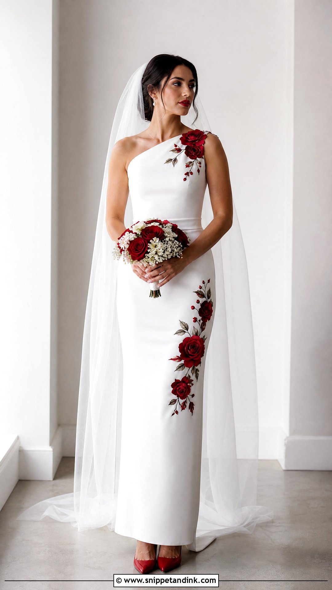 White Sheath Wedding Dress With Red Roses - Snippet and Ink - 25 Red and White Wedding Dress Ideas