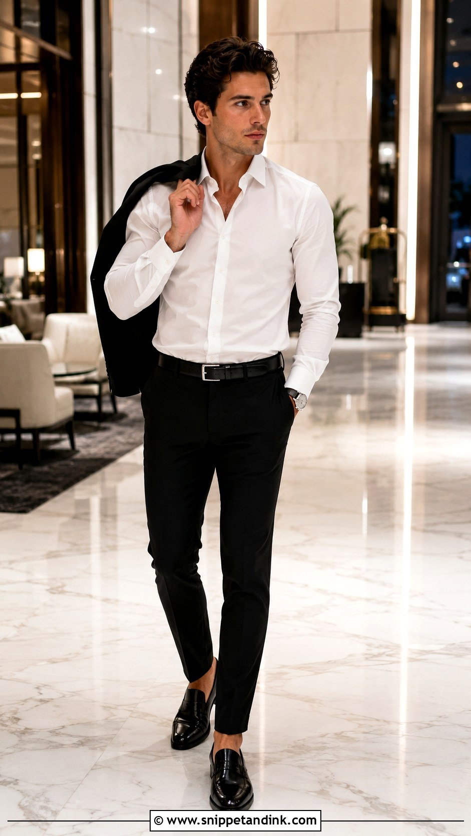 White Shirt And Black Trousers Bachelor Party Outfit - Snippet and Ink - 20 Bachelor Party Outfit Ideas