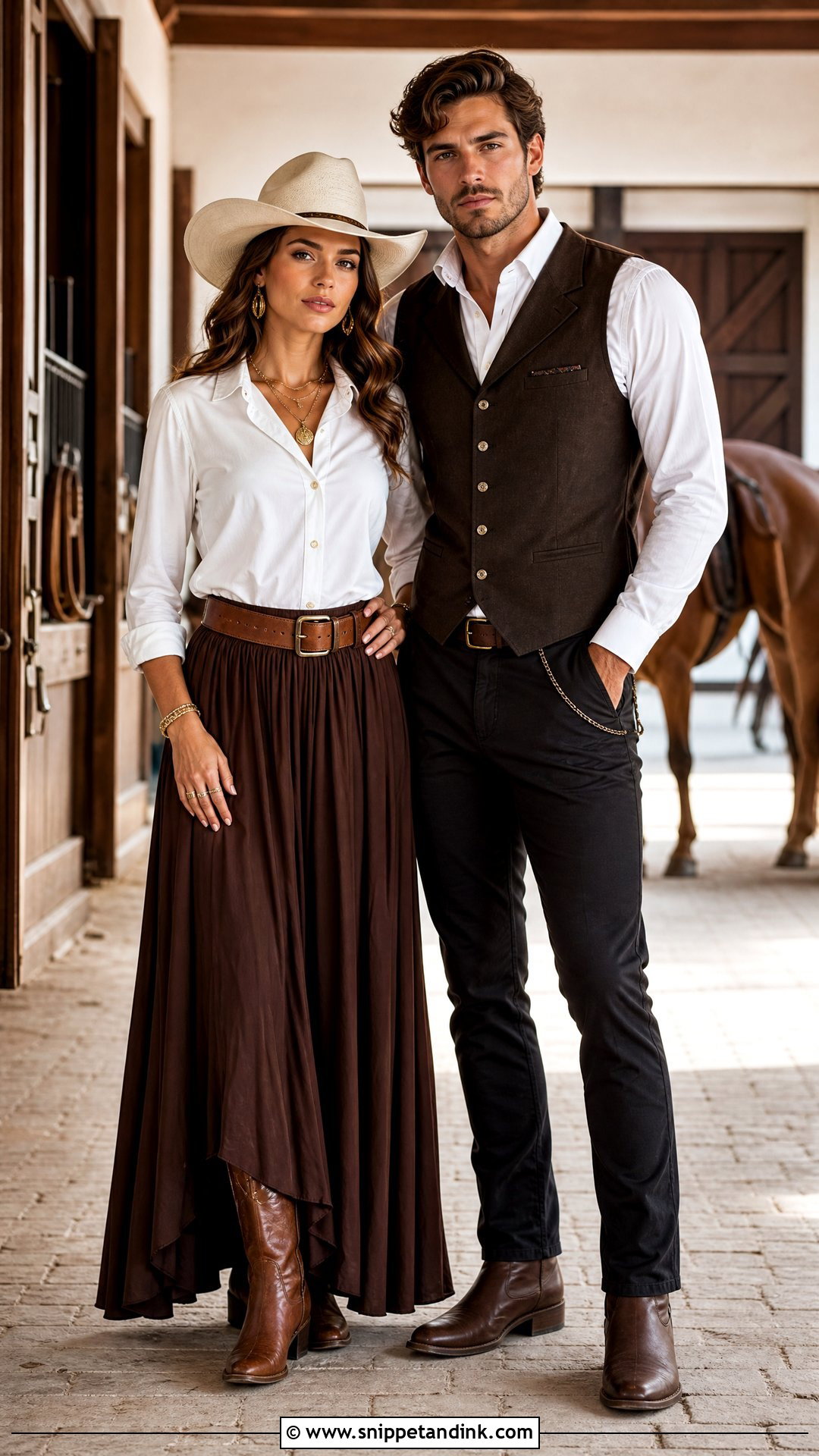 White Shirt And Brown Maxi Skirt Western Outfit - Snippet and Ink - 20 Western Pre Wedding Shoot Outfit Ideas