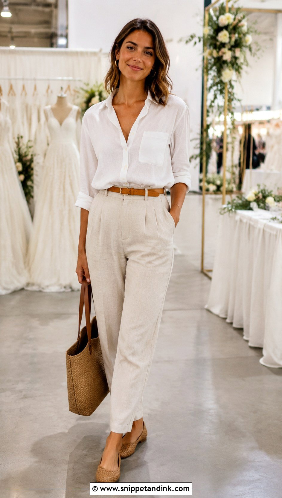 White Shirt And Linen Pants Bridal Expo Outfit - Snippet and Ink - 20 Bridal Expo Outfit Ideas
