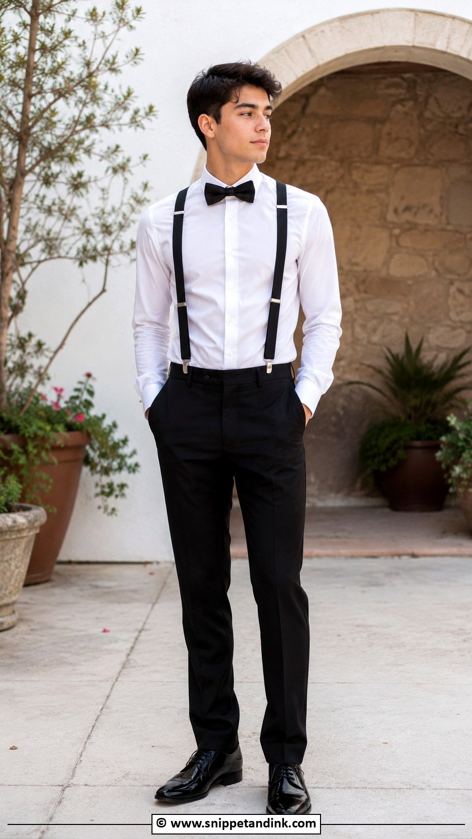 White Shirt And Suspenders Chambelanes Outfit - Snippet and Ink - 25 Chambelanes Outfits