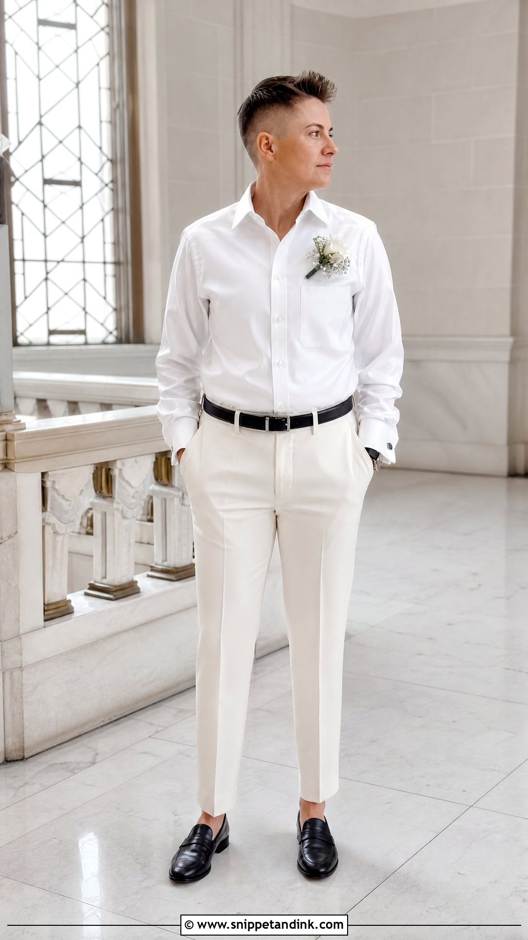 White Shirt And Trousers Bride Outfit - Snippet and Ink - 25 Masc Bride Wedding Outfits