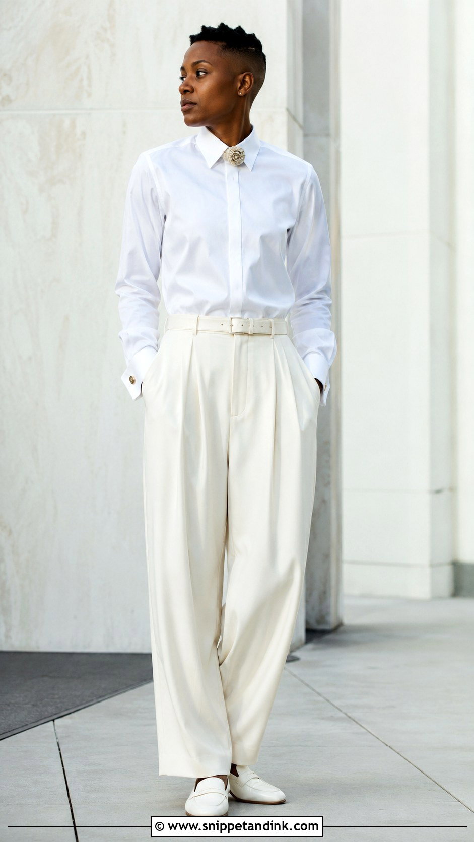 White Shirt And Wide Leg Trouser Wedding Outfit - Snippet and Ink - 20 Masc Wedding Dress Ideas