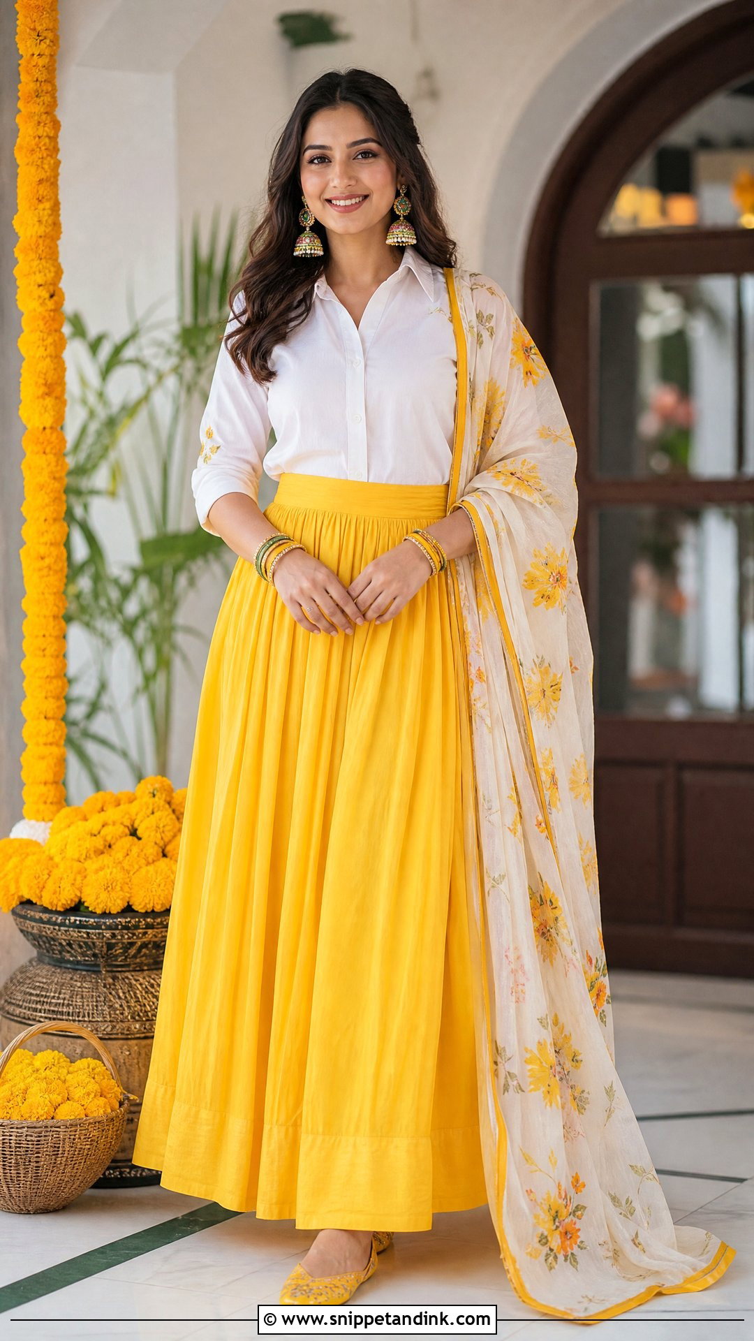 White Shirt And Yellow Maxi Skirt Haldi Outfit - Snippet and Ink - 20 Haldi Western Outfit Ideas