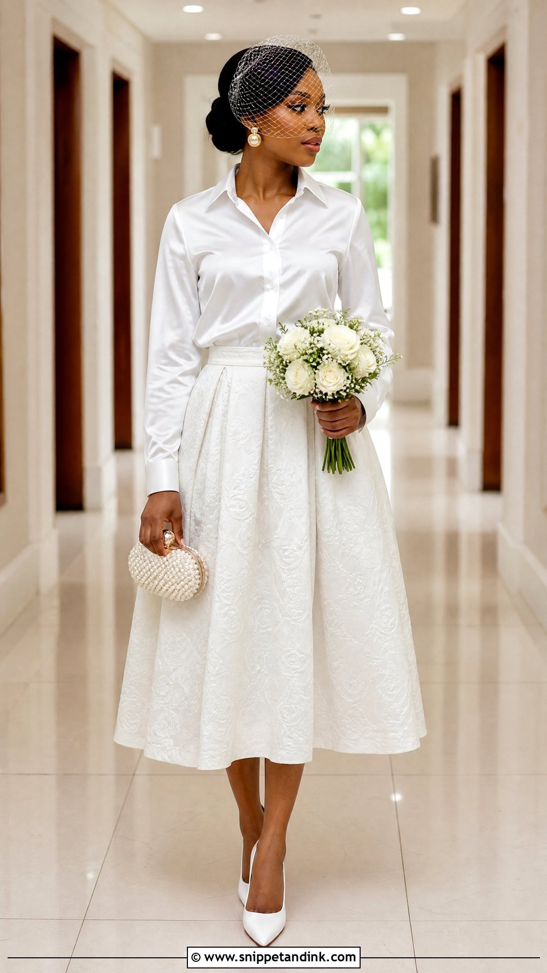 White Shirt and Midi Skirt Court Wedding Outfit - Snippet and Ink - 25 Court Wedding Dress in Nigeria Ideas
