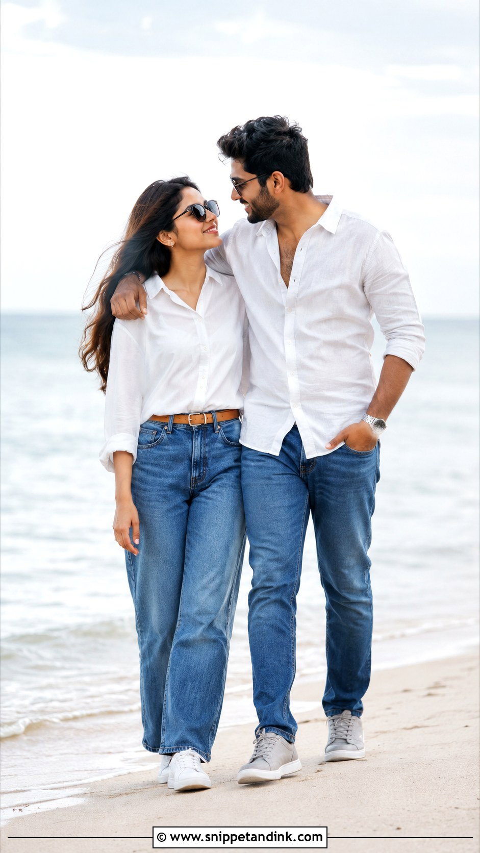 White Shirts And Blue Denim Outfit - Snippet and Ink - 20 Beach Pre Wedding Shoot Outfit Ideas