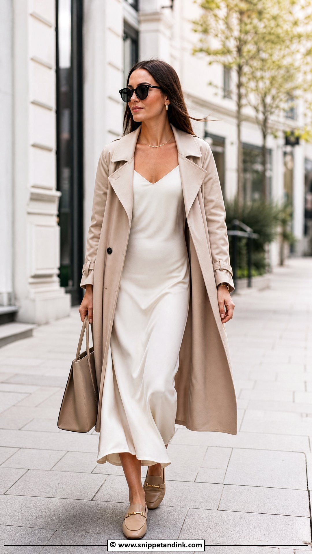 White Silk Dress With Trench Coat - Snippet and Ink - 30 White Silk Dress Ideas