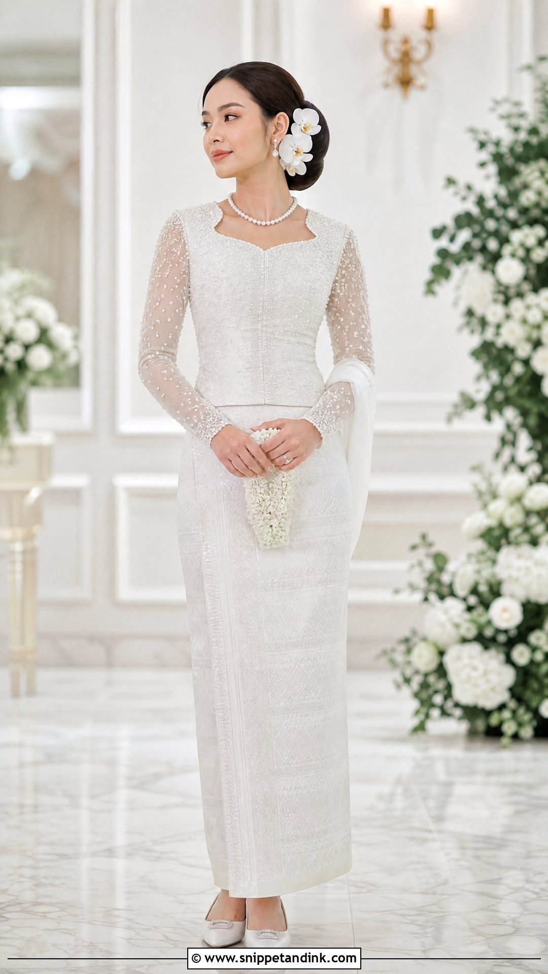 White Silk Htamein Myanmar Wedding Dress - Snippet and Ink - 20 Myanmar Wedding Dresses