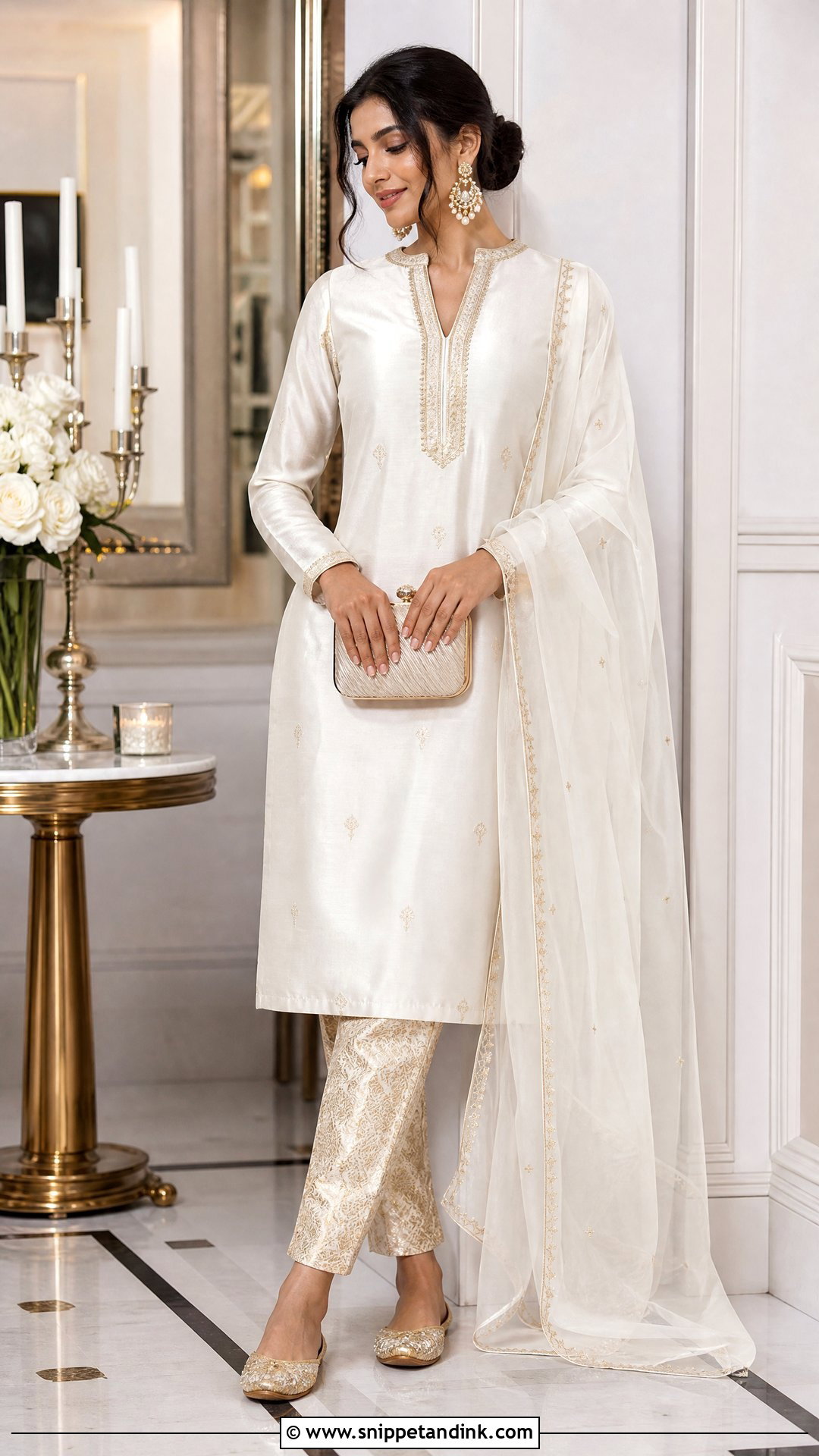 White Silk Kurta With Brocade Pants - Snippet and Ink - 20 Simple White Indian Dress Ideas