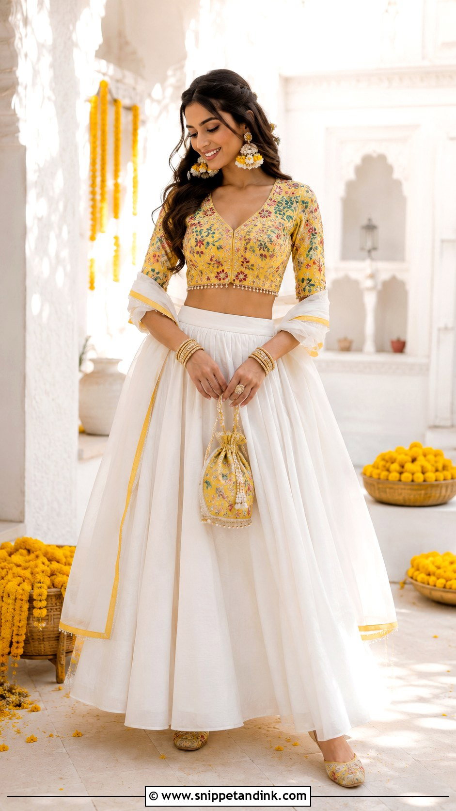 White Skirt With Yellow Embroidered Blouse - Snippet and Ink - 20 White and Yellow Haldi Outfit Ideas