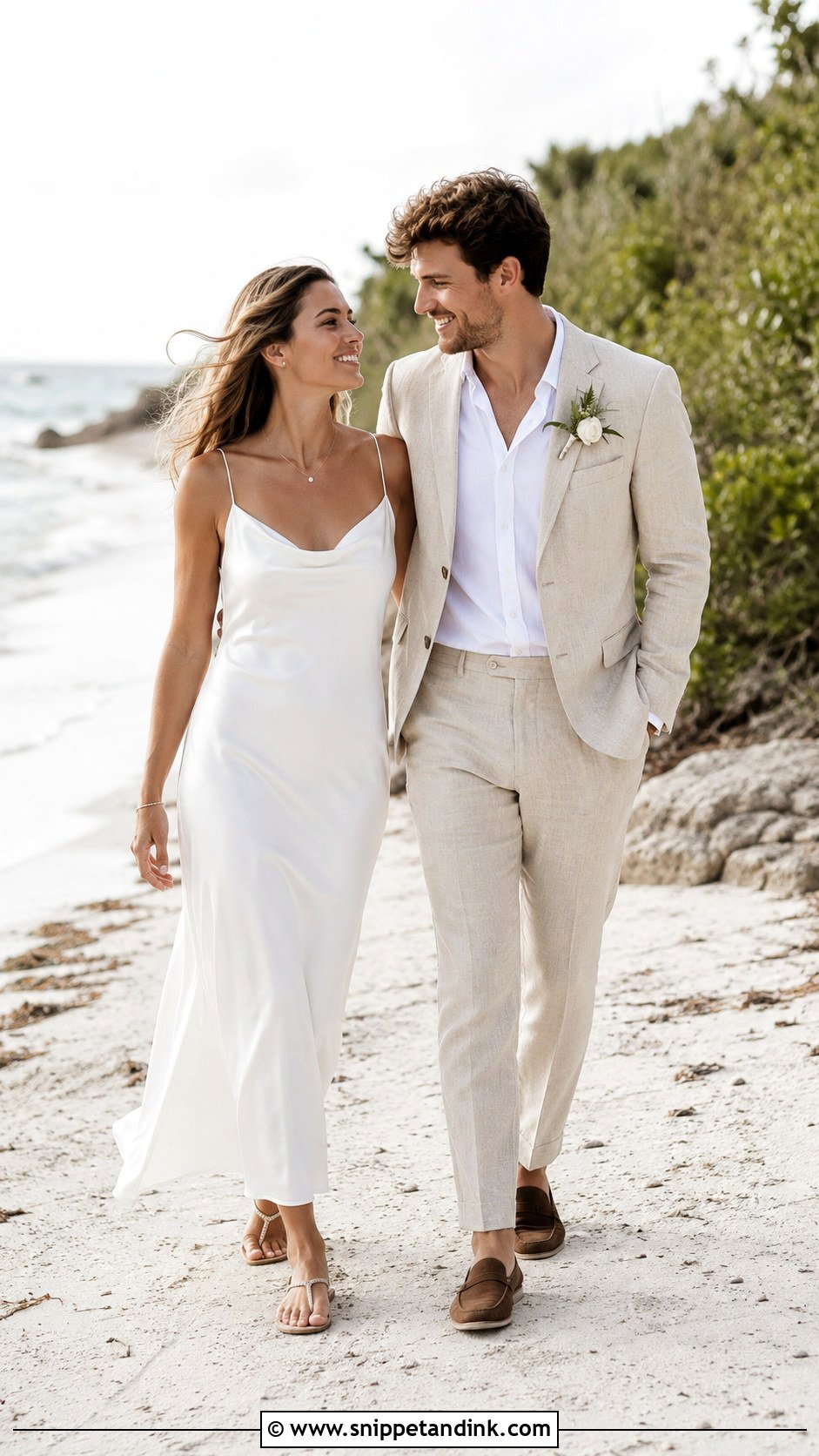 White Slip Dress And Beige Linen Suit Couple Wedding Outfit - Snippet and Ink - 20 Couple Matching Wedding Outfits