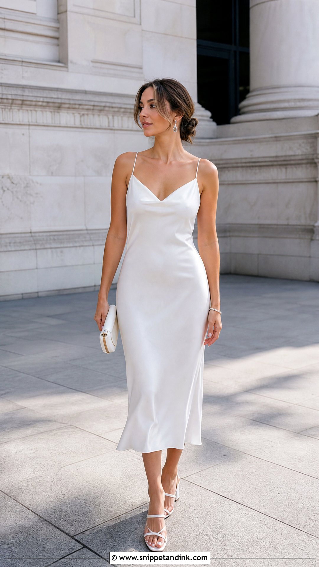 White Slip Dress With Strappy Sandals - Snippet and Ink - 20 Simple White Dress for Civil Wedding Ideas