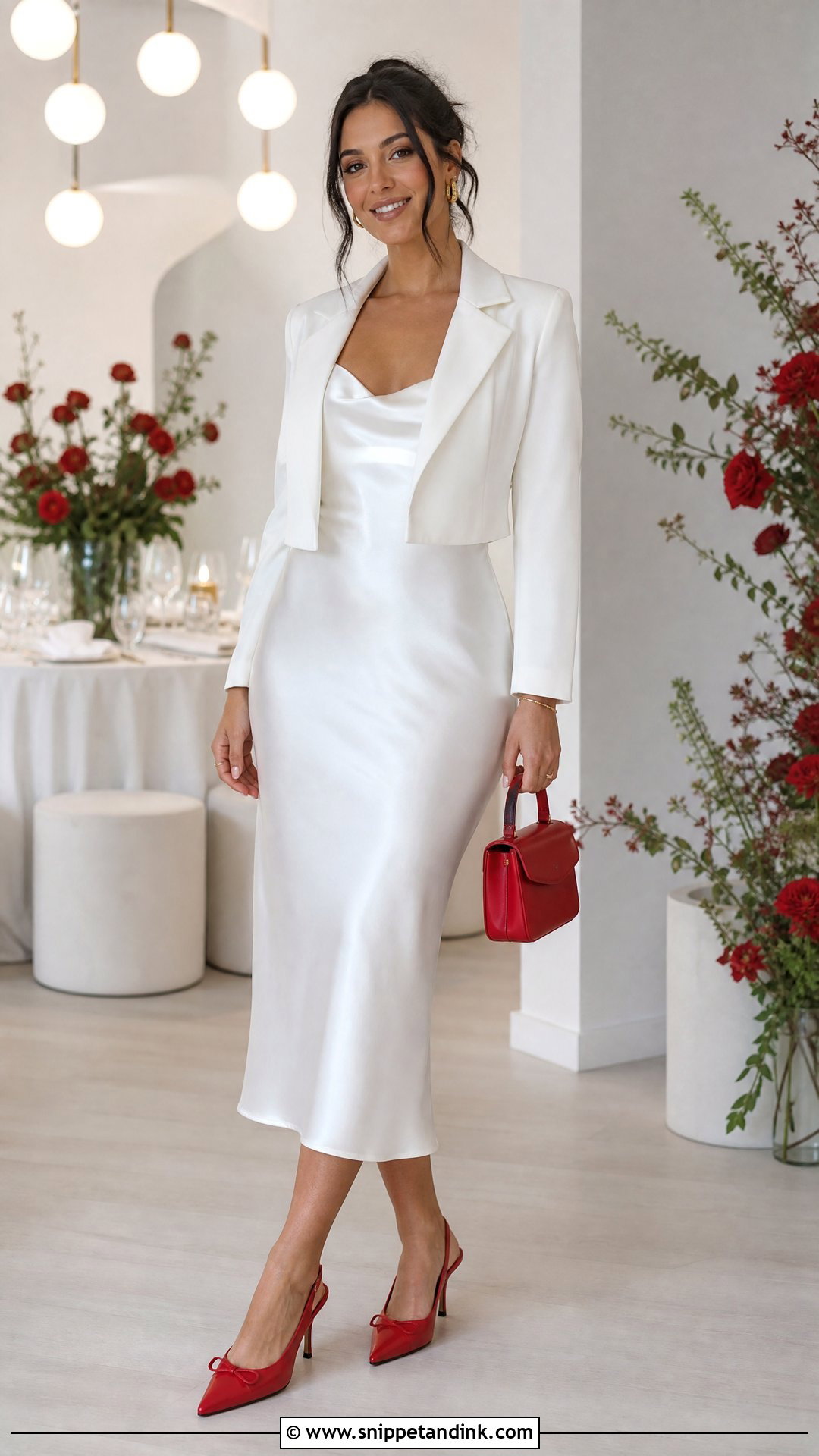 White Slip Midi Dress With Red Accessories - Snippet and Ink - 20 That’s Amore Bridal Ideas
