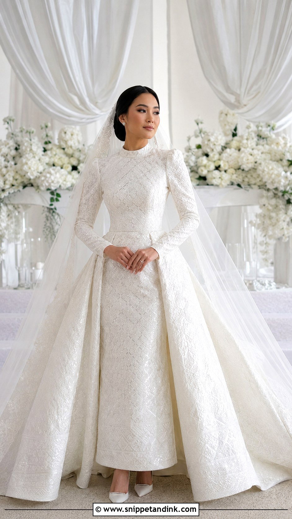 White Songket Wedding Gown With Train - Snippet and Ink - 20 Modern Songket Wedding Dress Ideas