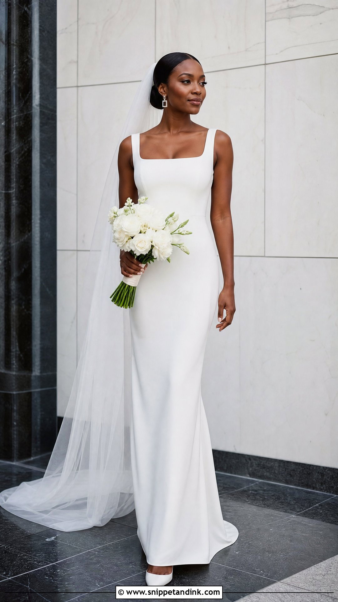 White Square Neck Crepe Wedding Dress With Sleek Veil - Snippet and Ink - 20 White Wedding Dresses Black Women