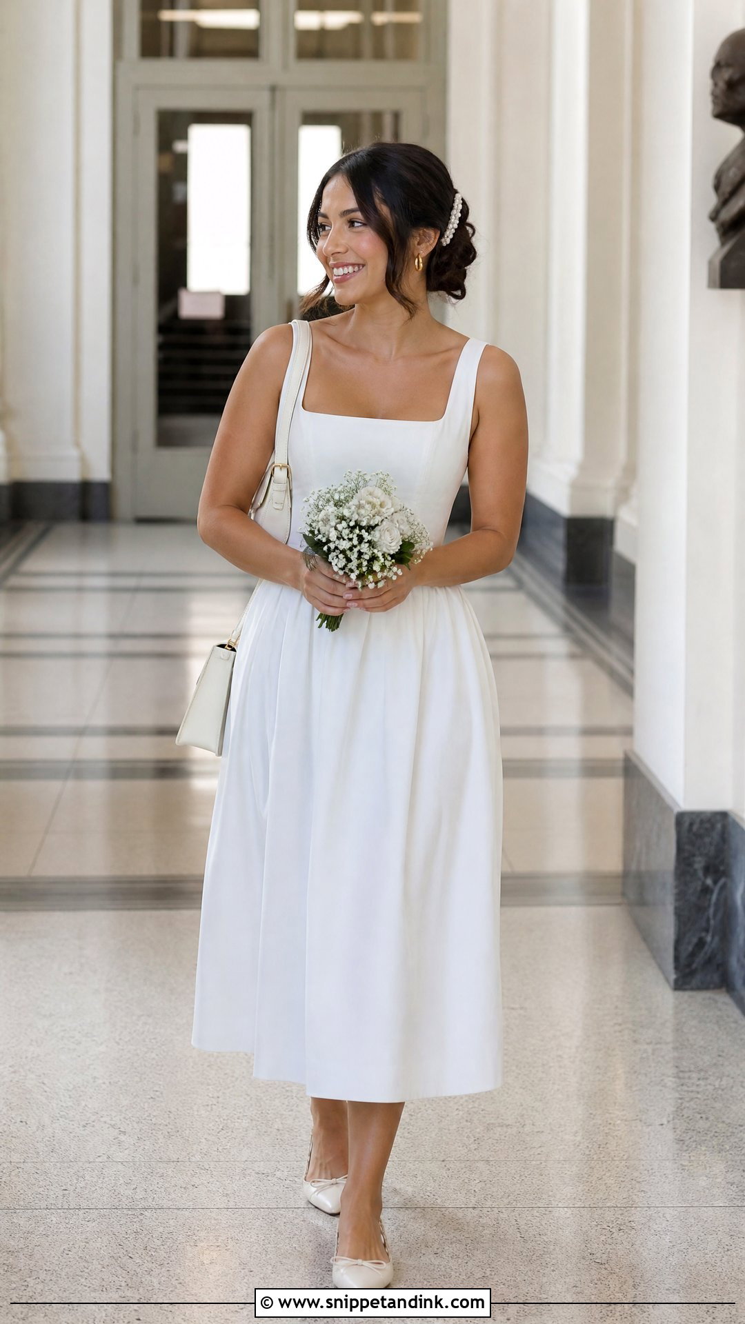 White Square Neck Midi Dress With Ballet Flats - Snippet and Ink - 20 Simple White Dress for Civil Wedding Ideas