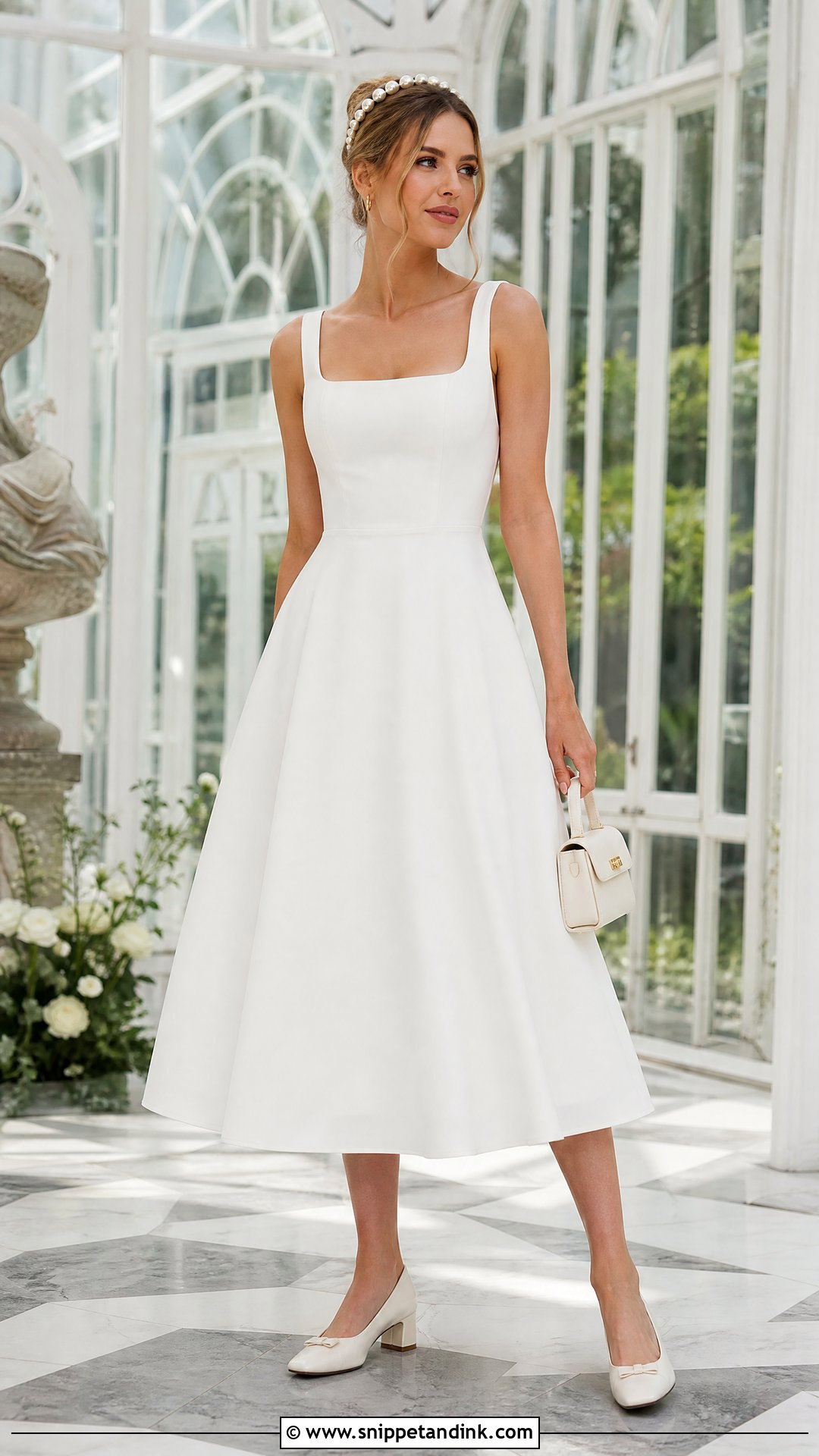 White Square Neck Midi Elopement Dress - Snippet and Ink - 20 White Elopement Dress Ideas