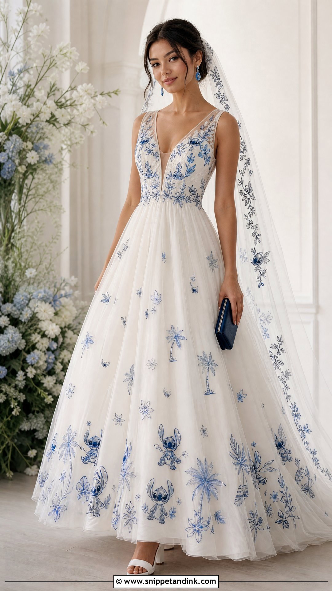 White Stitch Wedding Dress With Blue Embroidery - Snippet and Ink - 20 Stitch Wedding Dress Ideas