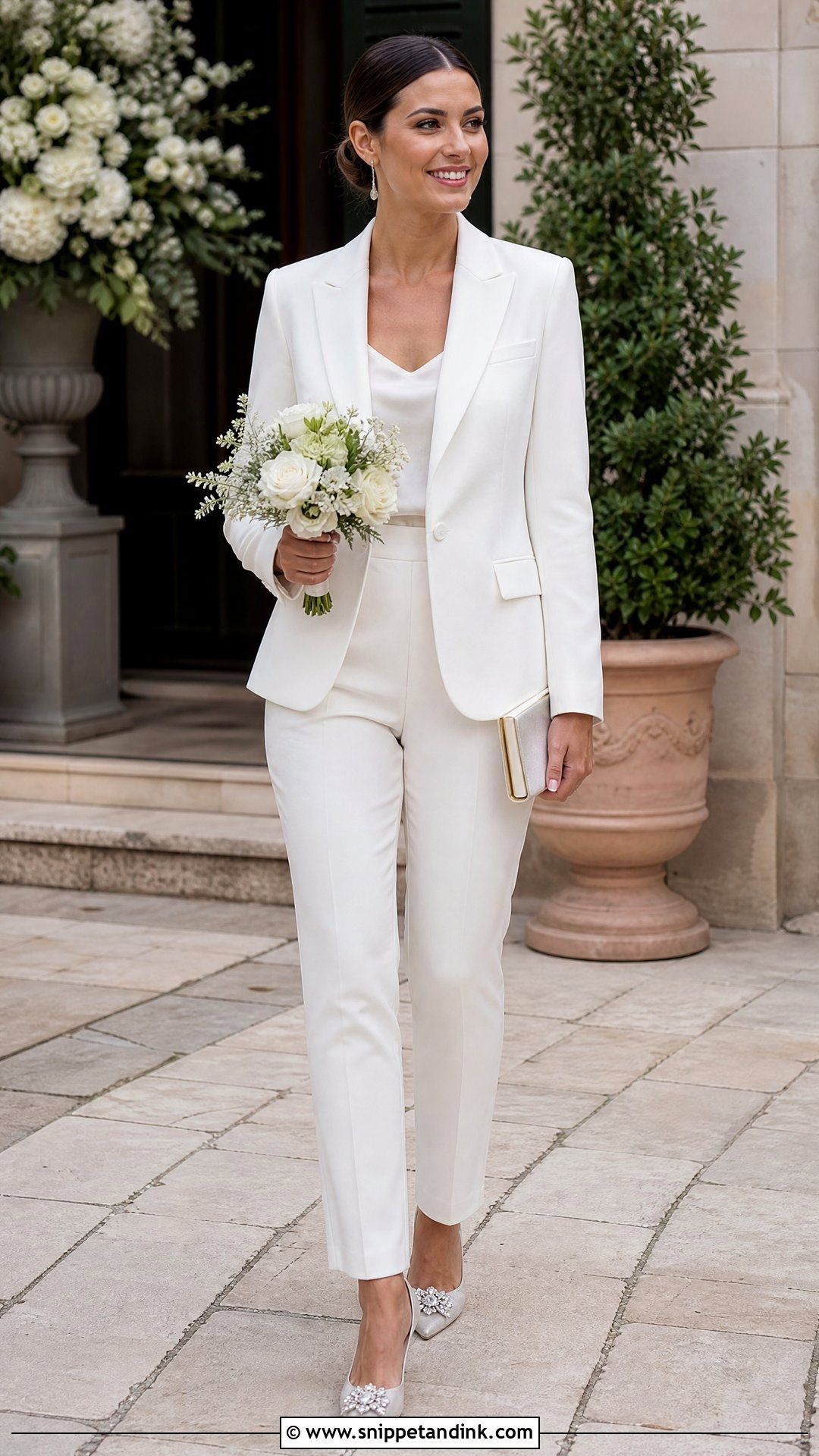 White Straight Leg Suit With Embellished Flats - Snippet and Ink - 20 White Suit for Wedding Women Ideas