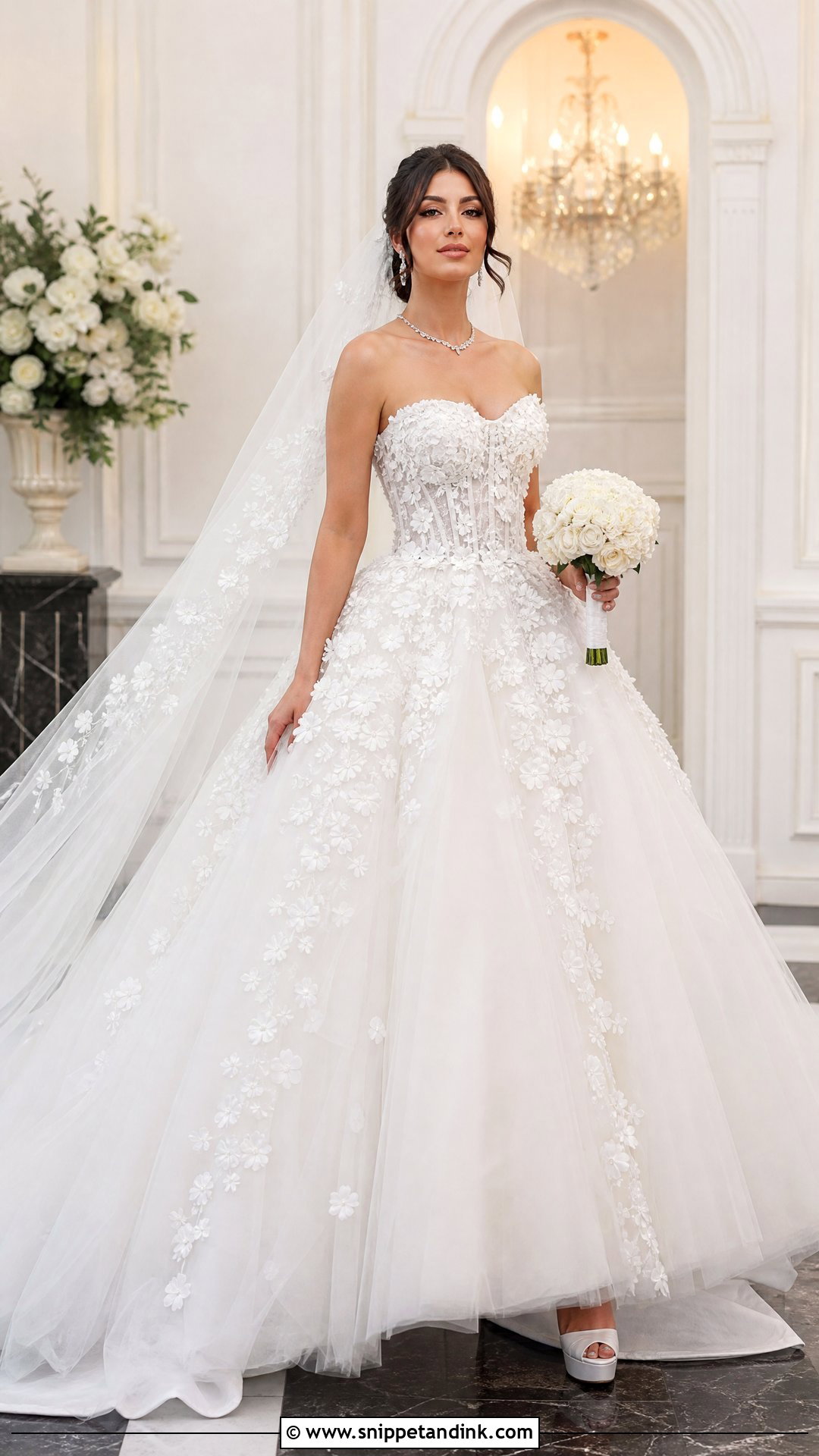 White Strapless Ball Gown With 3D Flowers - Snippet and Ink - 20 White Wedding Dress with Flowers