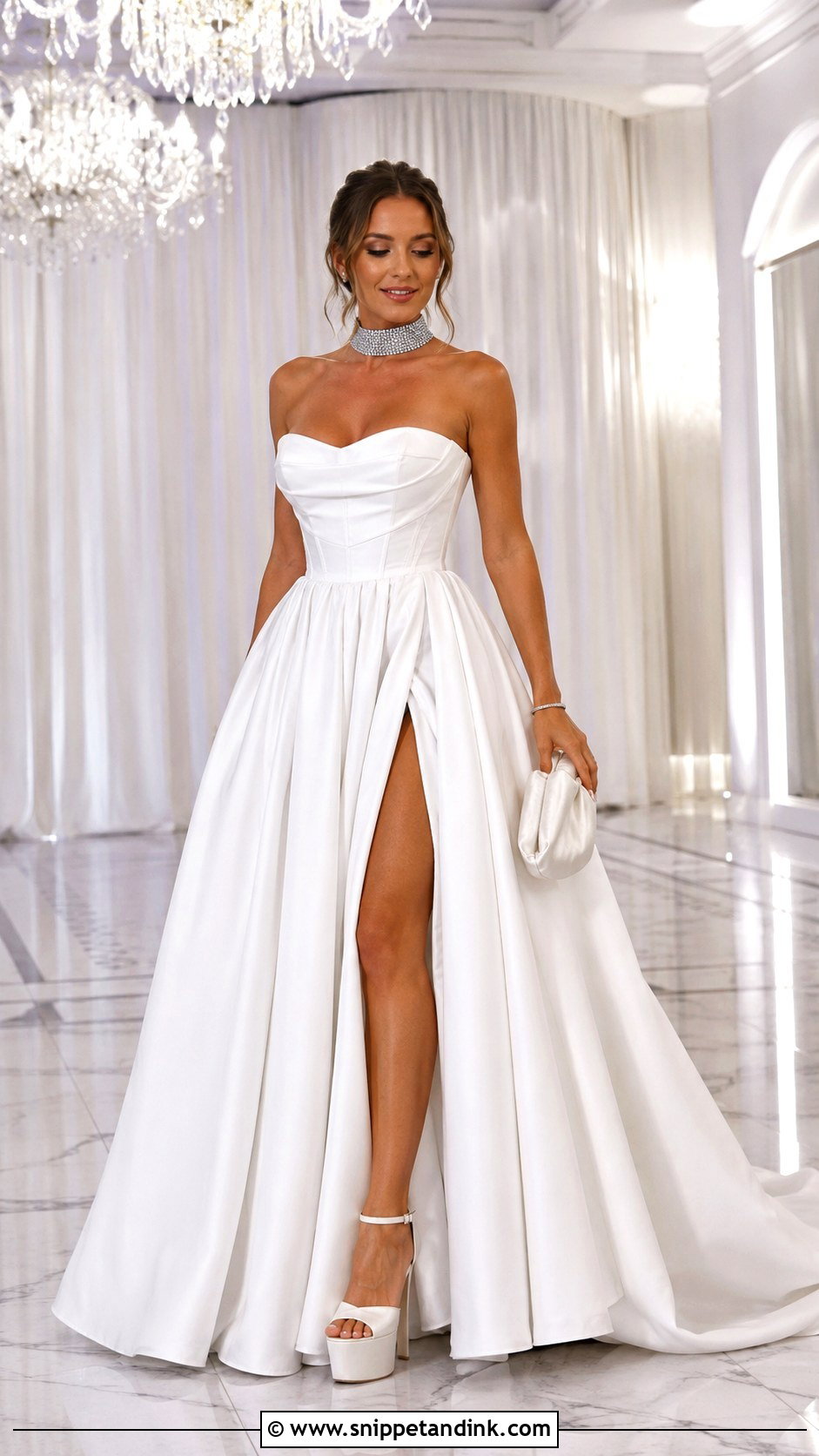 White Strapless Ball Gown With Statement Choker - Snippet and Ink - 25 White Ball Gown Ideas