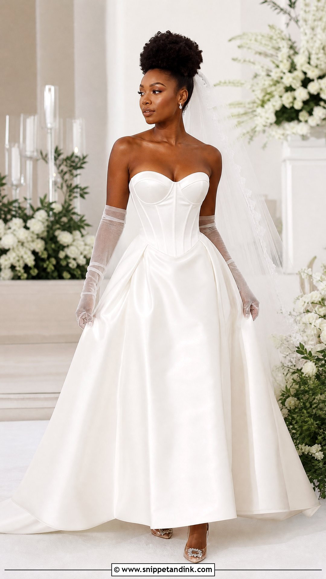 White Strapless Basque Waist Wedding Dress With Gloves - Snippet and Ink - 20 White Wedding Dresses Black Women