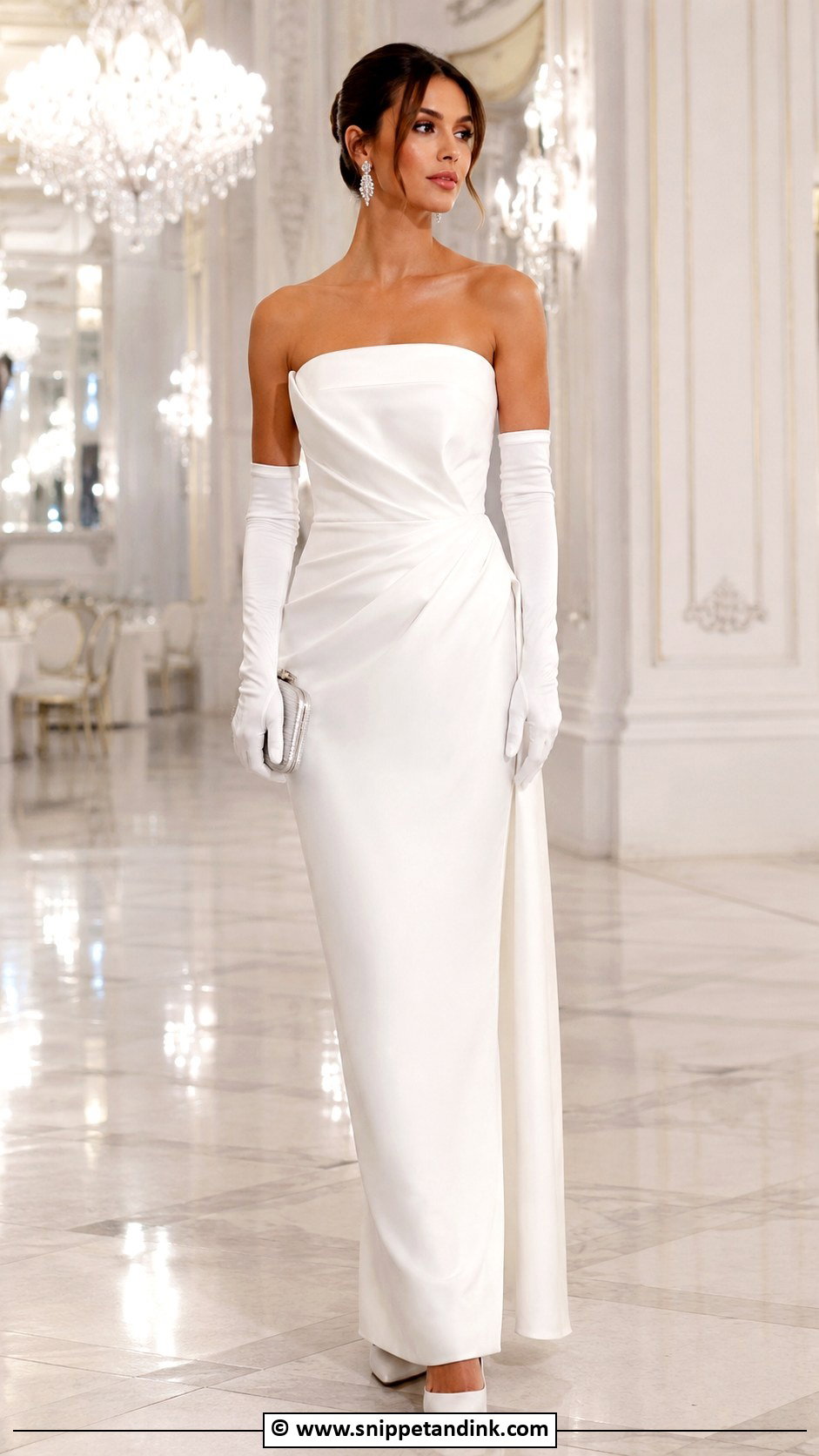 White Strapless Gown With Opera Gloves - Snippet and Ink - 30 Elegant Classy White Gowns