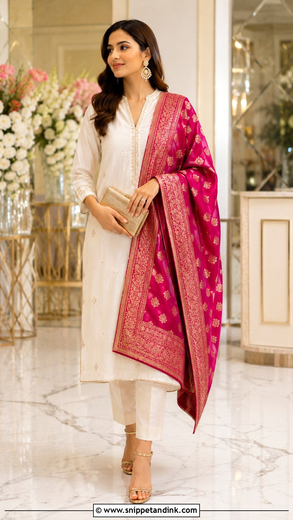 White Suit With Banarasi Dupatta - Snippet and Ink - 30 White Suit with Coloured Dupatta Ideas