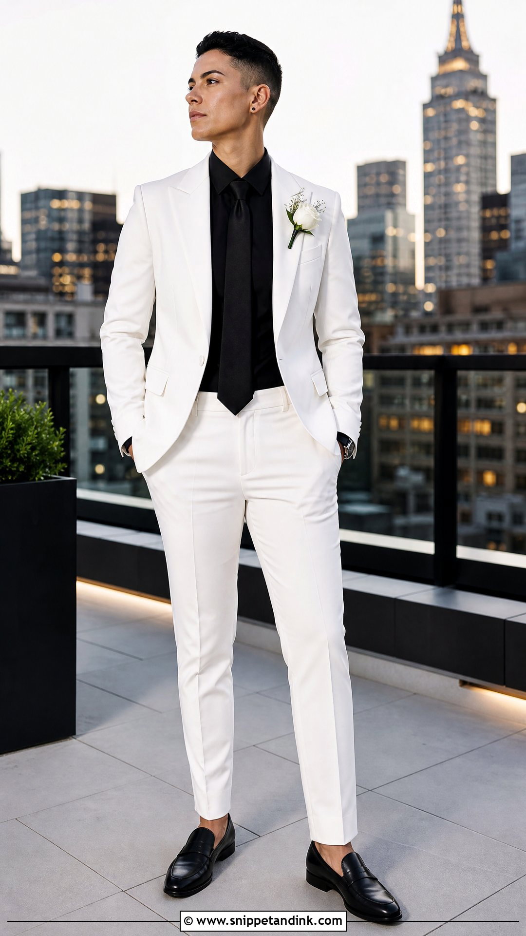 White Suit With Black Shirt Bride Outfit - Snippet and Ink - 25 Masc Bride Wedding Outfits