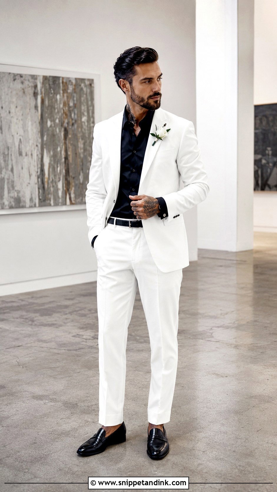 White Suit With Black Shirt Wedding Outfit - Snippet and Ink - 20 Masc Wedding Dress Ideas