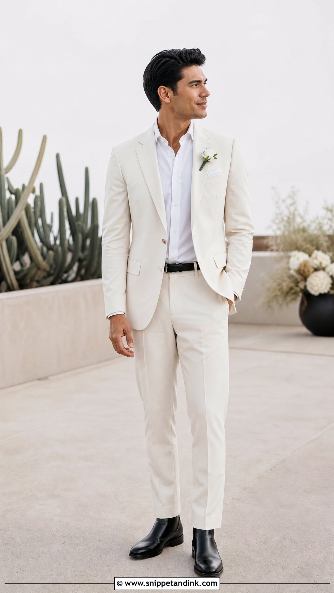 White Suit With Boots Bride Outfit - Snippet and Ink - 25 Masc Bride Wedding Outfits